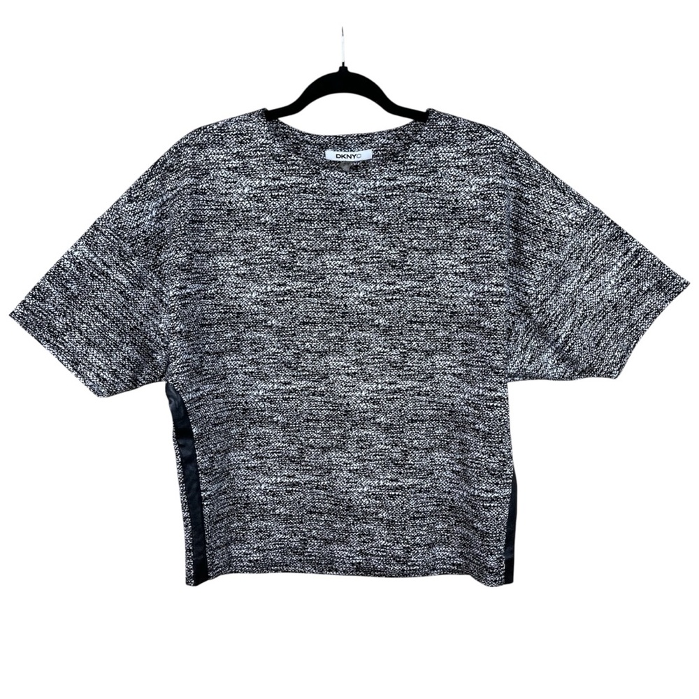 DKNYC Black and White Ponte Knit Cropped Top, Faux Leather Side Panel Insert